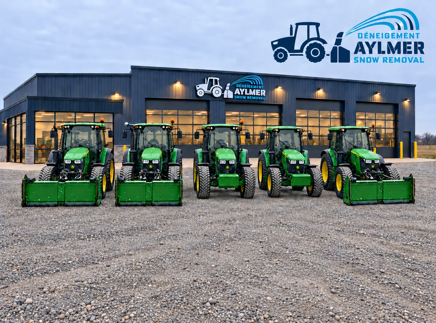 Five Aylmer Snow Removal tractors parked in a row in front of an illustrative equipment shop